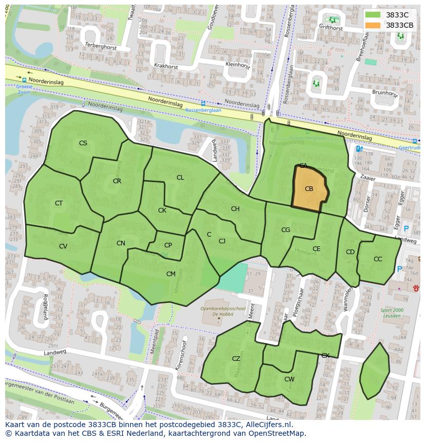 Afbeelding van het postcodegebied 3833 CB op de kaart.