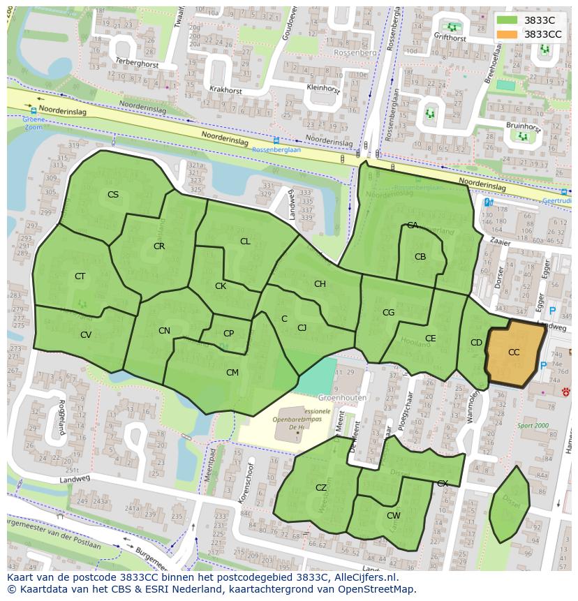 Afbeelding van het postcodegebied 3833 CC op de kaart.