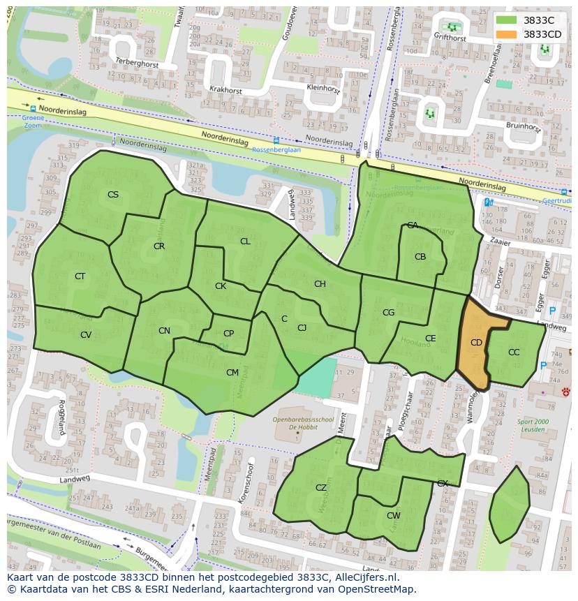Afbeelding van het postcodegebied 3833 CD op de kaart.
