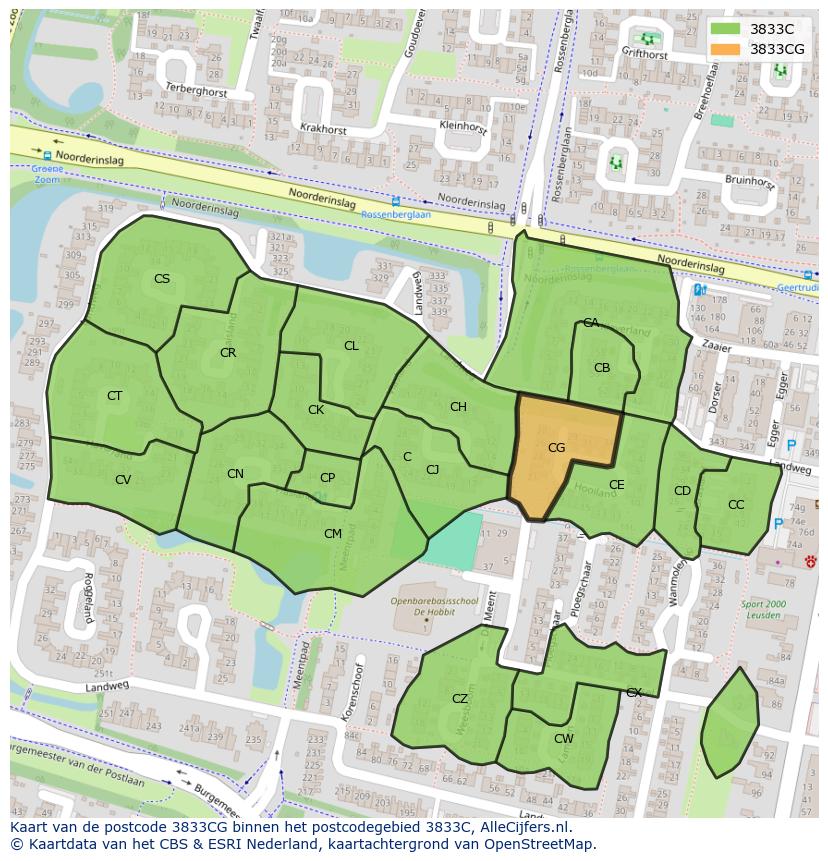 Afbeelding van het postcodegebied 3833 CG op de kaart.