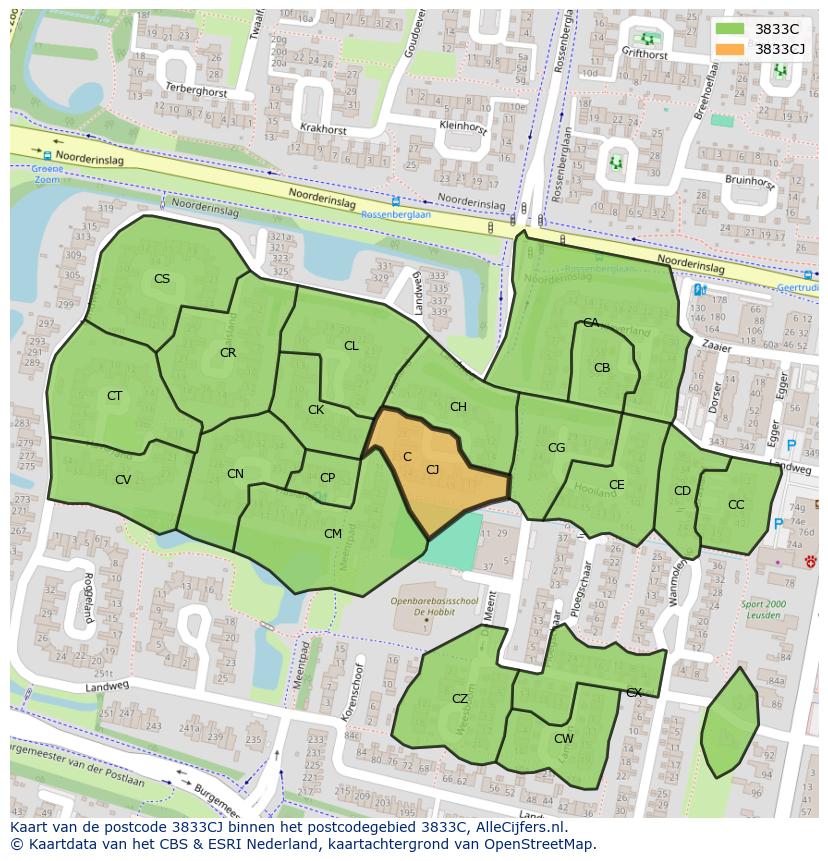 Afbeelding van het postcodegebied 3833 CJ op de kaart.