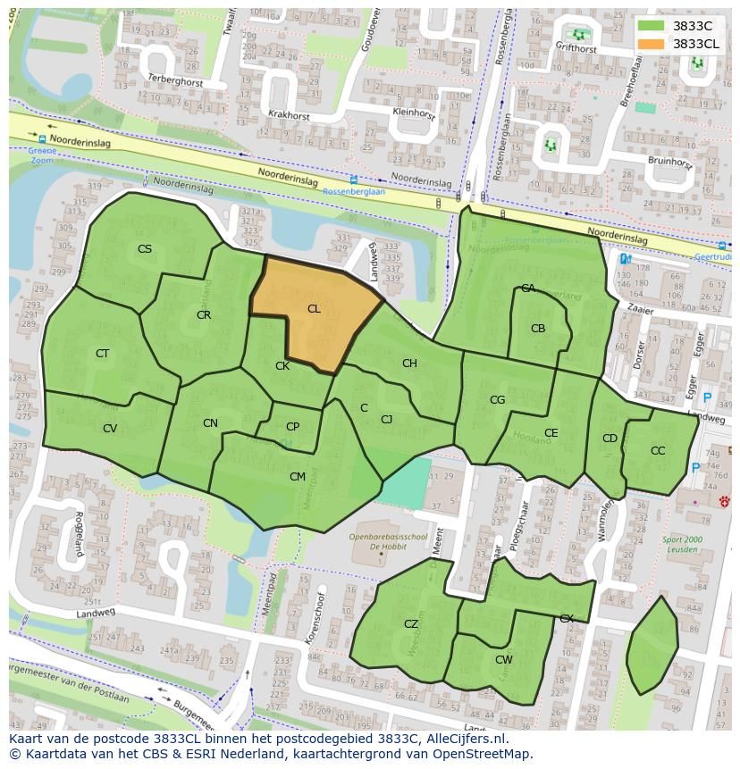 Afbeelding van het postcodegebied 3833 CL op de kaart.