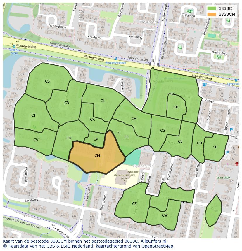 Afbeelding van het postcodegebied 3833 CM op de kaart.