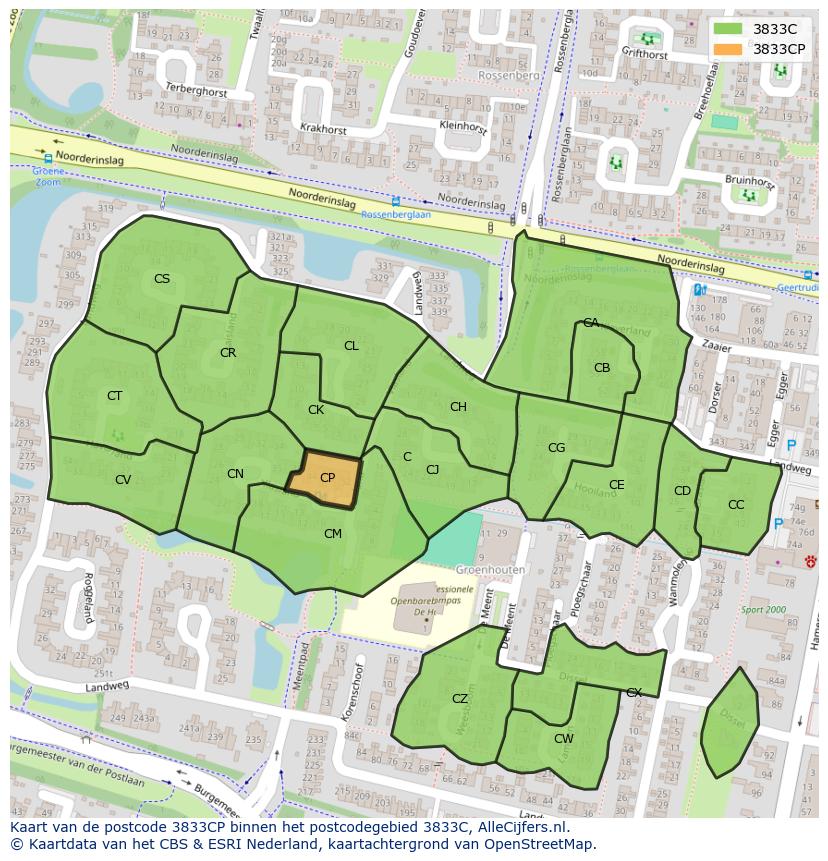 Afbeelding van het postcodegebied 3833 CP op de kaart.