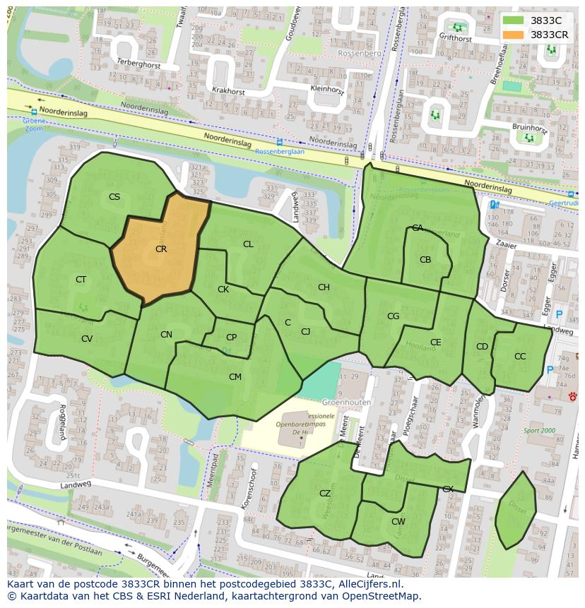 Afbeelding van het postcodegebied 3833 CR op de kaart.