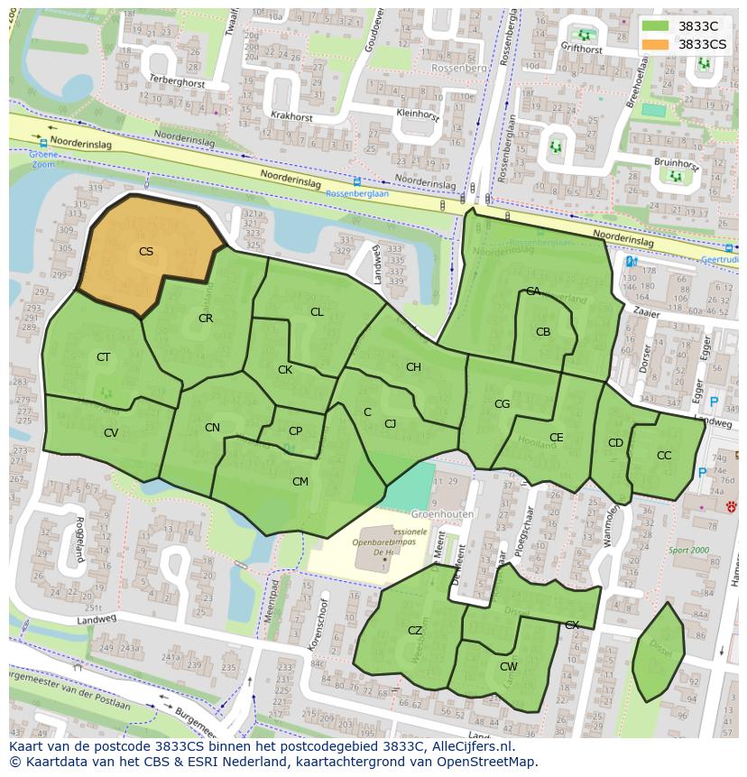 Afbeelding van het postcodegebied 3833 CS op de kaart.