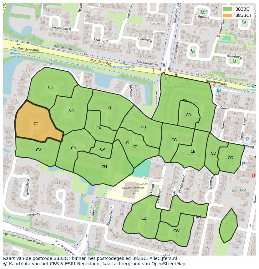 Afbeelding van het postcodegebied 3833 CT op de kaart.