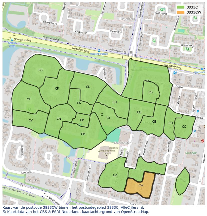 Afbeelding van het postcodegebied 3833 CW op de kaart.