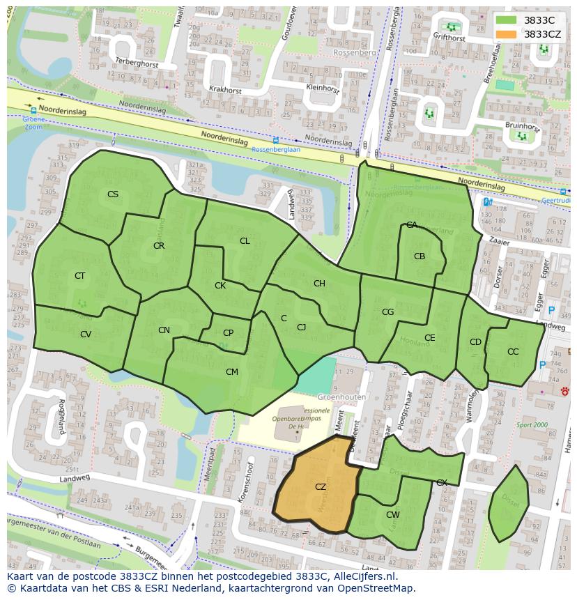 Afbeelding van het postcodegebied 3833 CZ op de kaart.