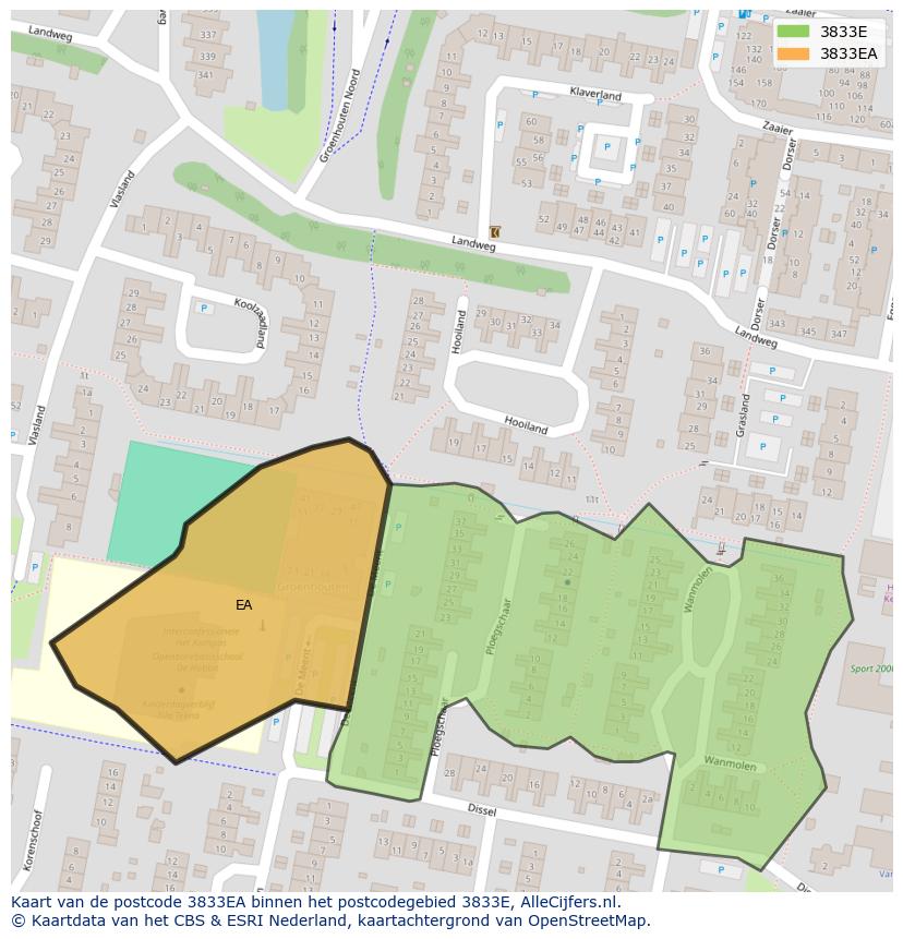 Afbeelding van het postcodegebied 3833 EA op de kaart.