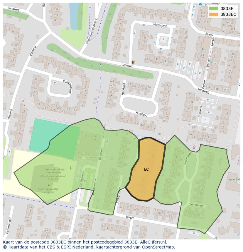 Afbeelding van het postcodegebied 3833 EC op de kaart.