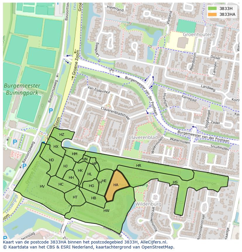 Afbeelding van het postcodegebied 3833 HA op de kaart.