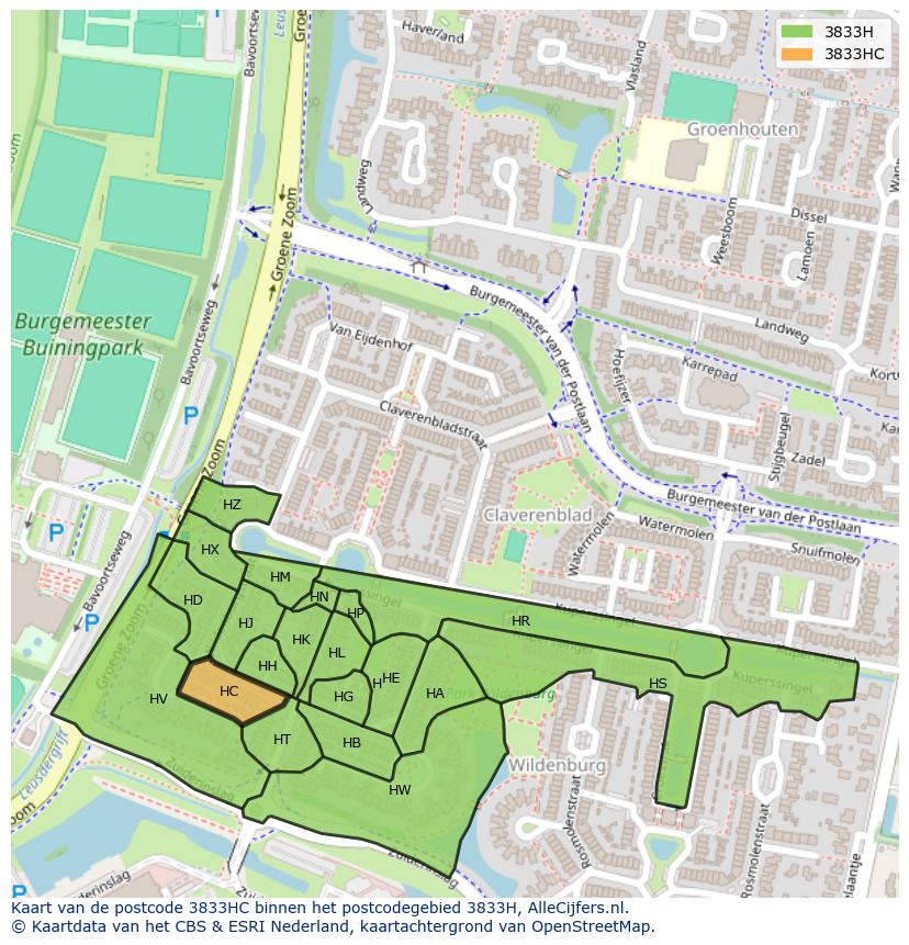 Afbeelding van het postcodegebied 3833 HC op de kaart.