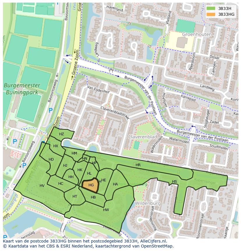 Afbeelding van het postcodegebied 3833 HG op de kaart.