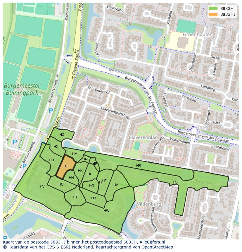 Afbeelding van het postcodegebied 3833 HJ op de kaart.