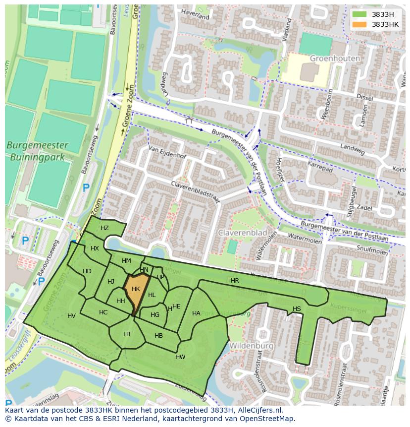 Afbeelding van het postcodegebied 3833 HK op de kaart.
