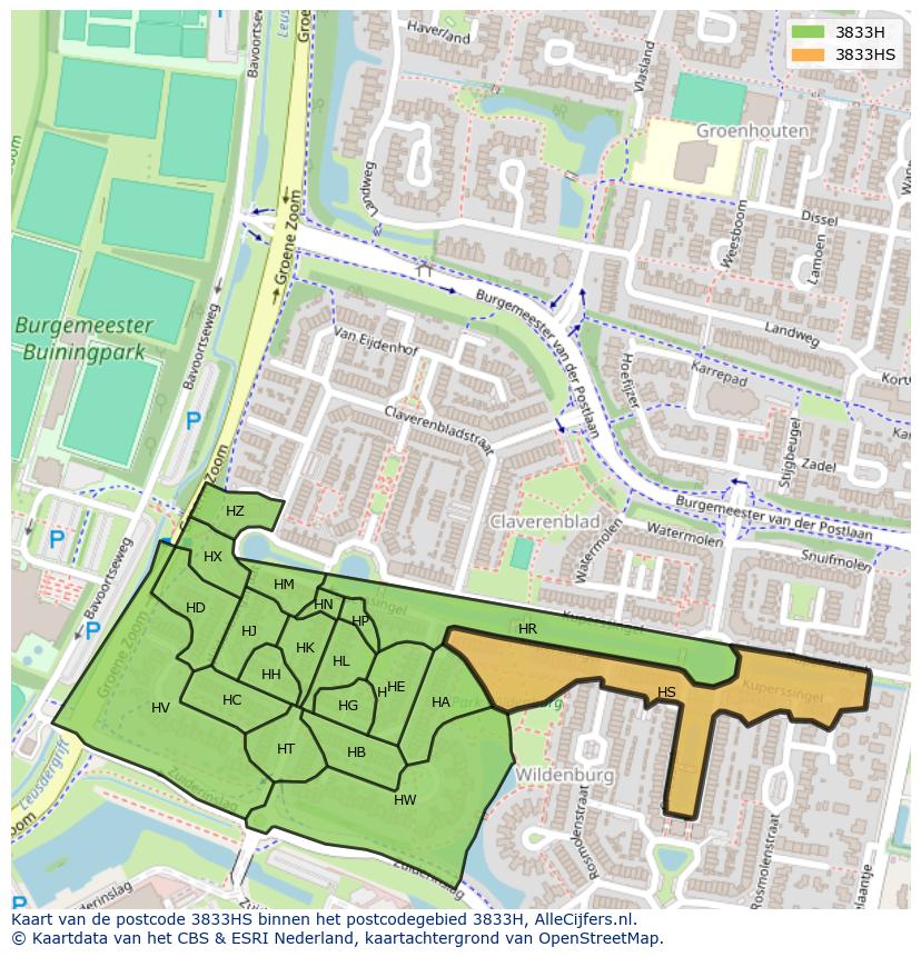 Afbeelding van het postcodegebied 3833 HS op de kaart.