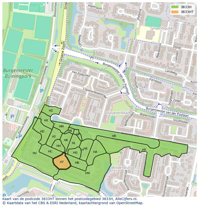 Afbeelding van het postcodegebied 3833 HT op de kaart.
