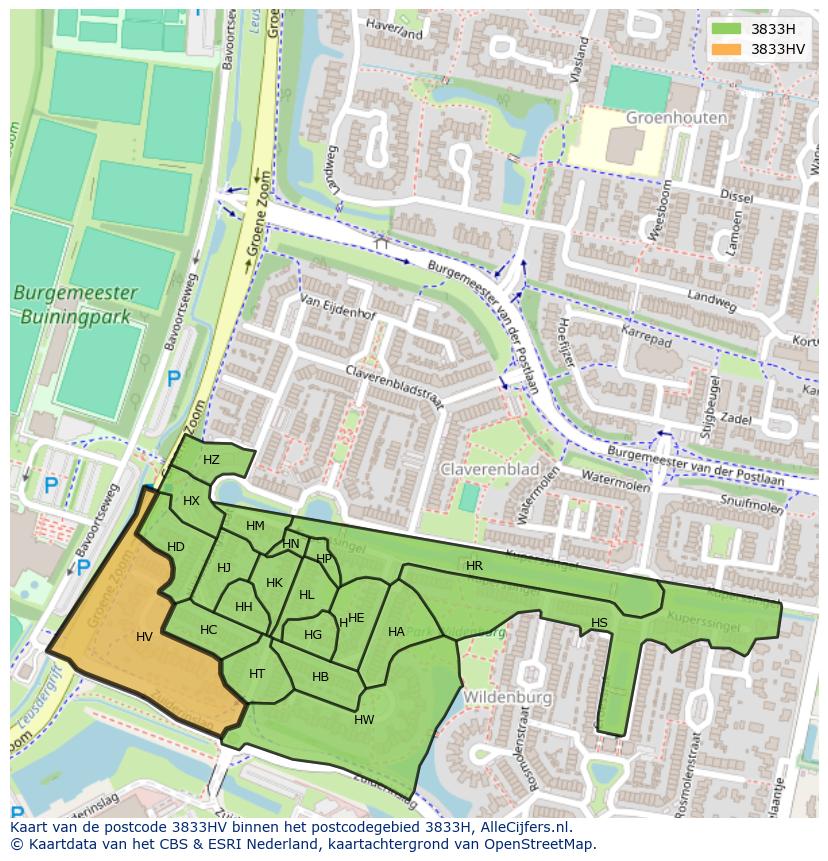 Afbeelding van het postcodegebied 3833 HV op de kaart.