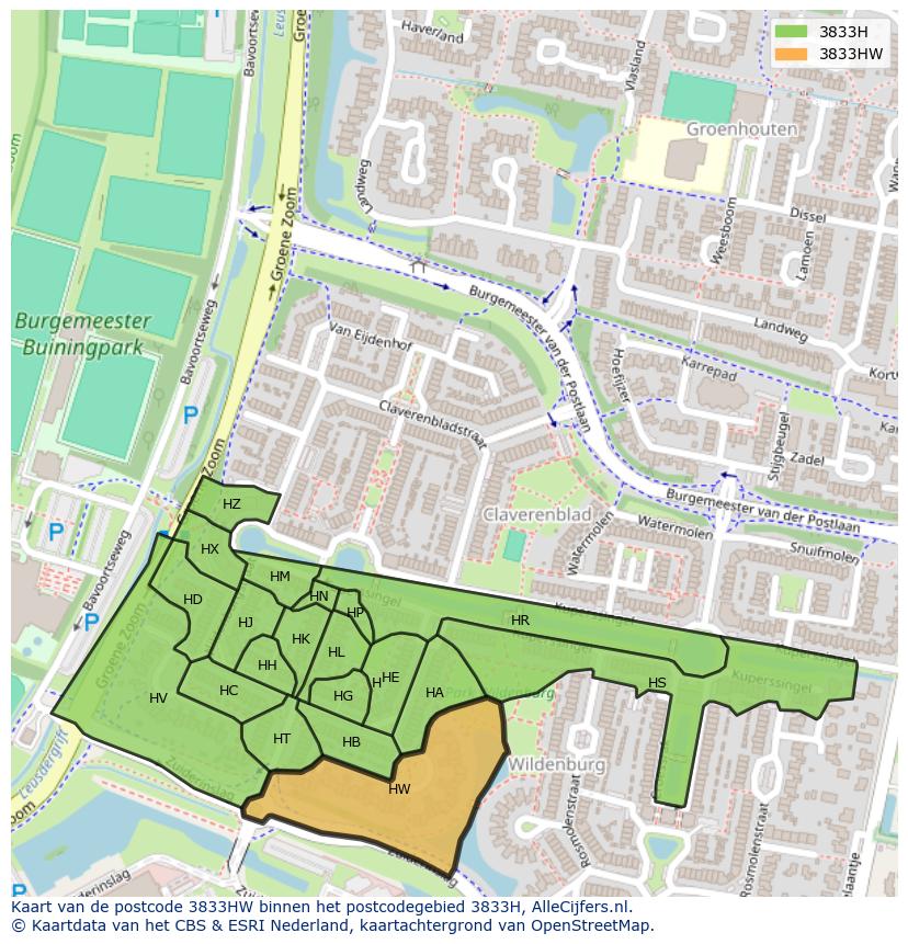 Afbeelding van het postcodegebied 3833 HW op de kaart.