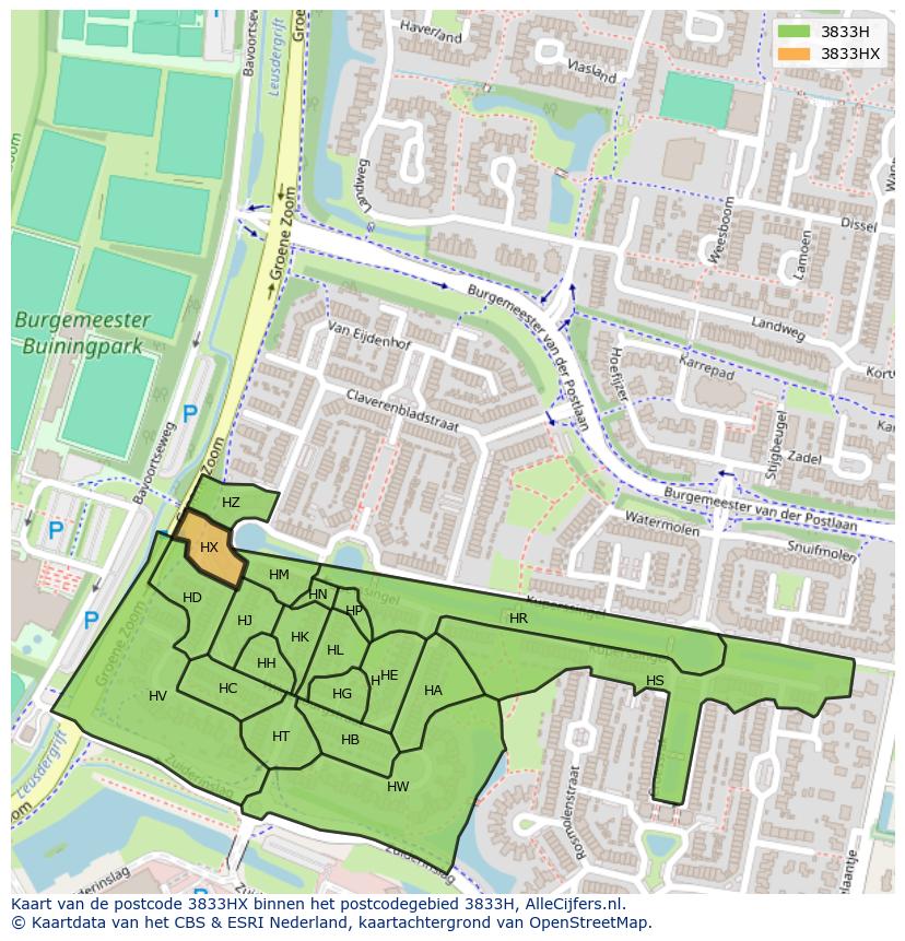 Afbeelding van het postcodegebied 3833 HX op de kaart.