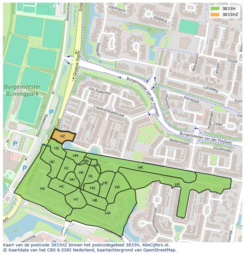 Afbeelding van het postcodegebied 3833 HZ op de kaart.