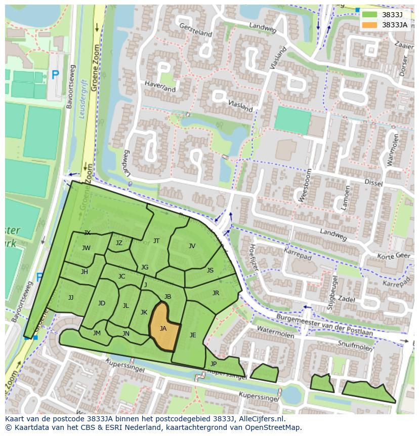 Afbeelding van het postcodegebied 3833 JA op de kaart.