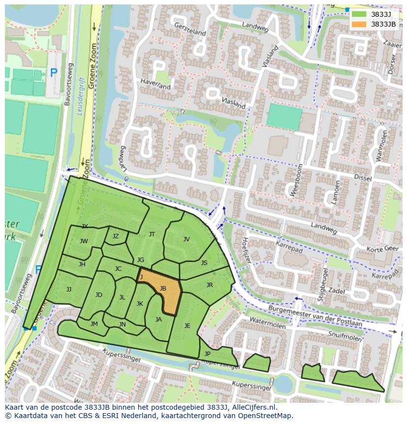 Afbeelding van het postcodegebied 3833 JB op de kaart.