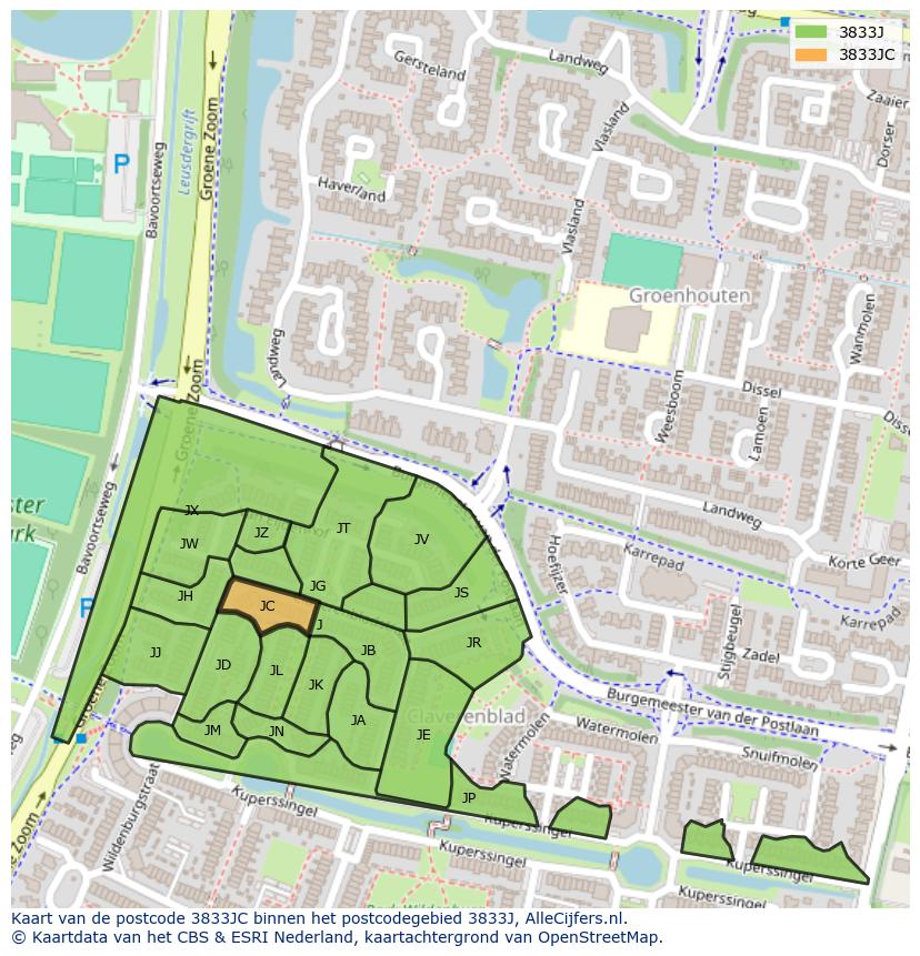 Afbeelding van het postcodegebied 3833 JC op de kaart.