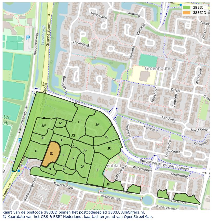 Afbeelding van het postcodegebied 3833 JD op de kaart.