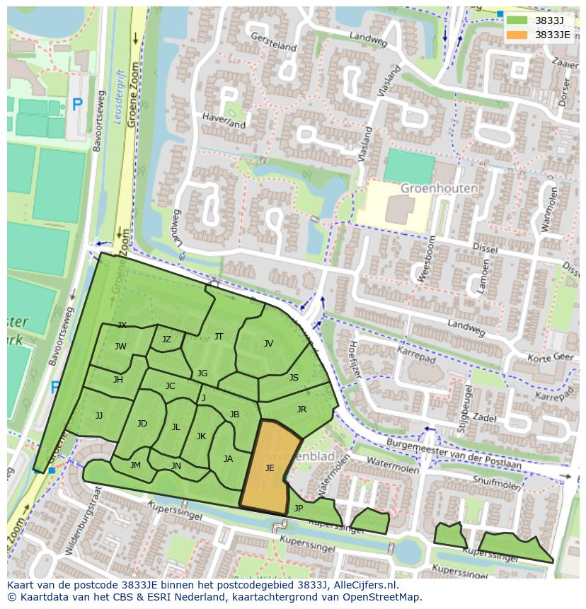 Afbeelding van het postcodegebied 3833 JE op de kaart.