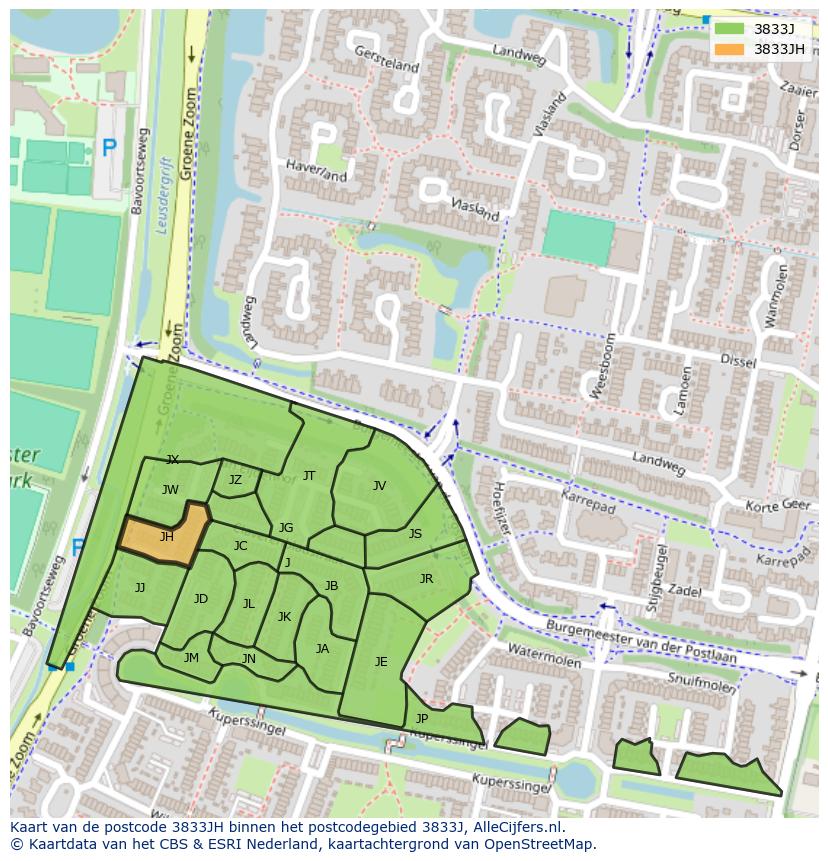 Afbeelding van het postcodegebied 3833 JH op de kaart.