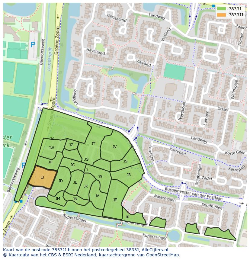 Afbeelding van het postcodegebied 3833 JJ op de kaart.