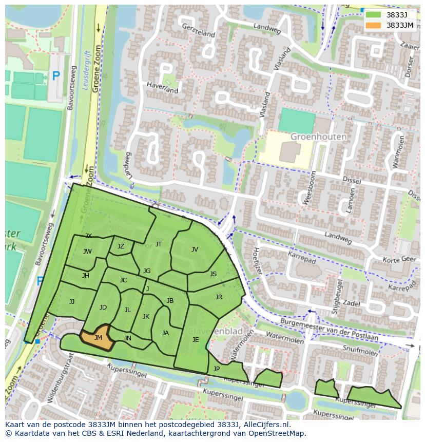 Afbeelding van het postcodegebied 3833 JM op de kaart.