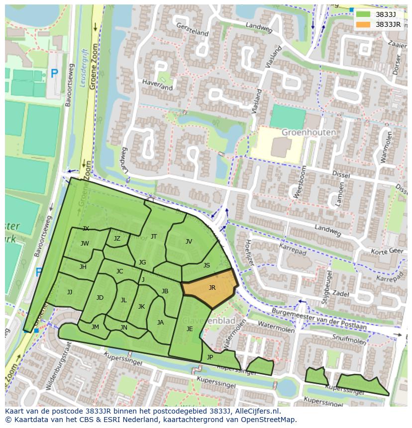 Afbeelding van het postcodegebied 3833 JR op de kaart.