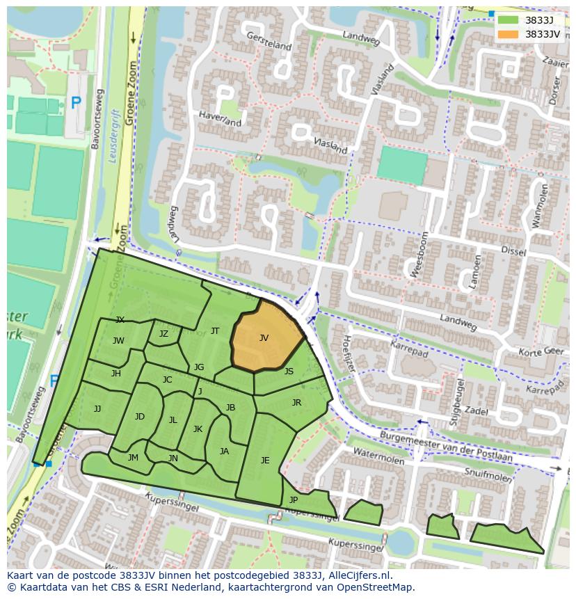 Afbeelding van het postcodegebied 3833 JV op de kaart.