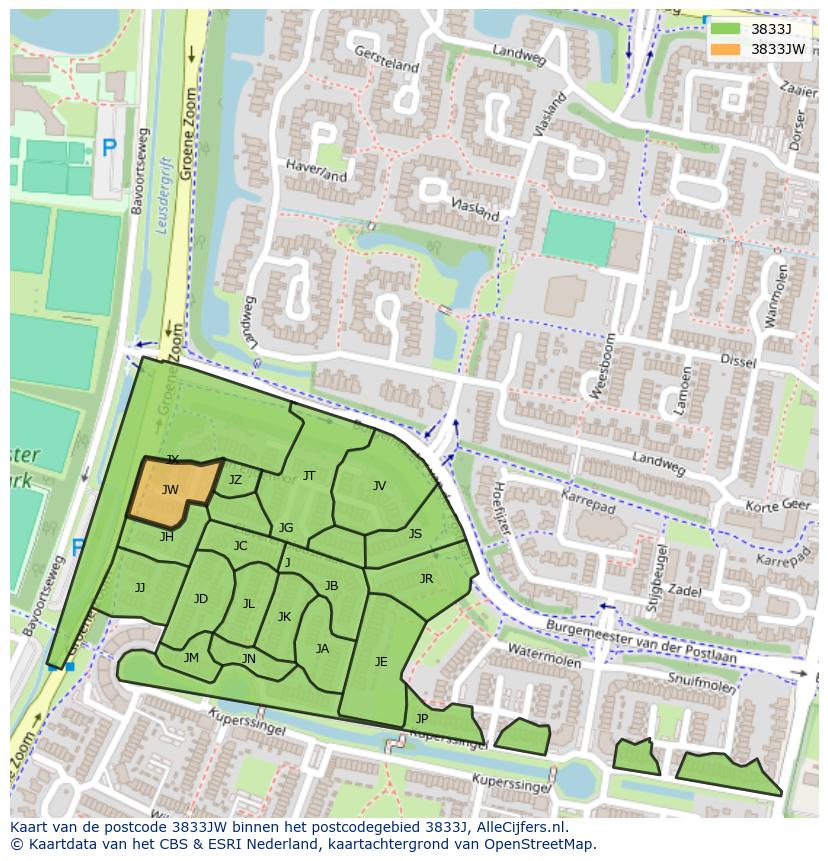 Afbeelding van het postcodegebied 3833 JW op de kaart.