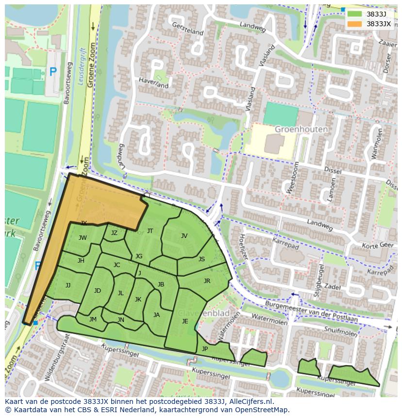 Afbeelding van het postcodegebied 3833 JX op de kaart.