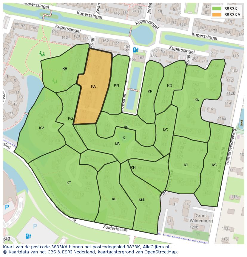 Afbeelding van het postcodegebied 3833 KA op de kaart.