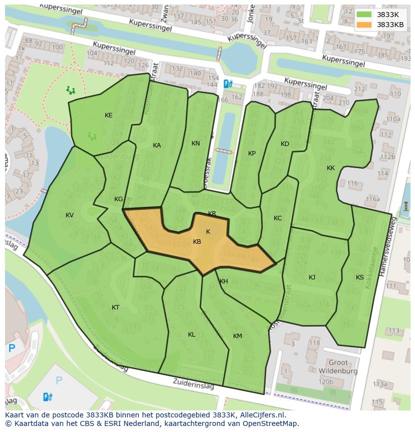 Afbeelding van het postcodegebied 3833 KB op de kaart.