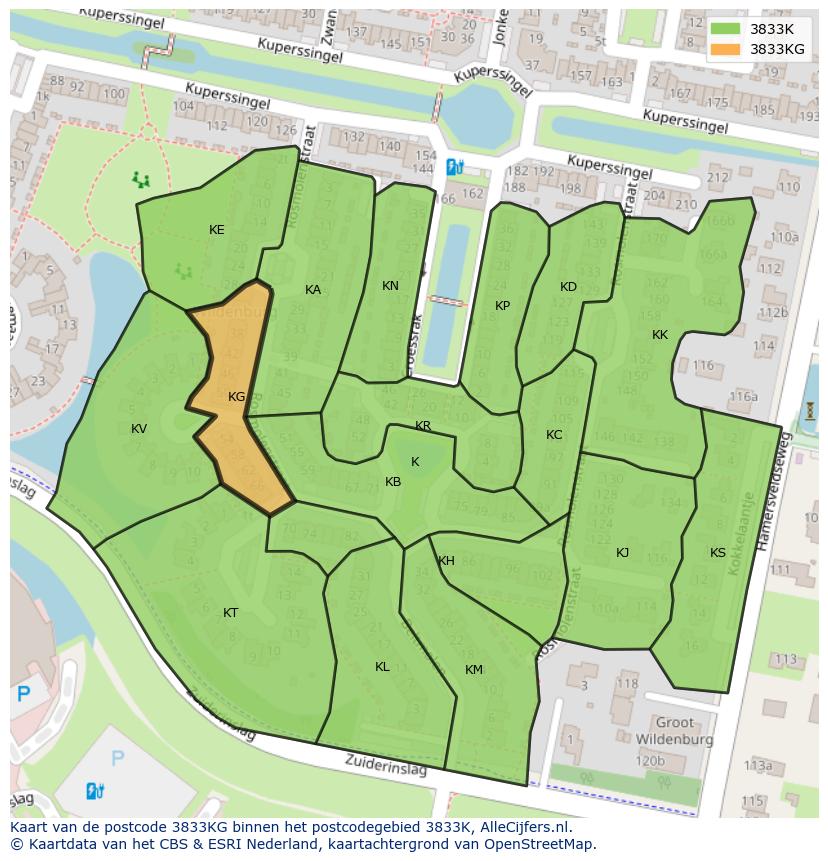 Afbeelding van het postcodegebied 3833 KG op de kaart.