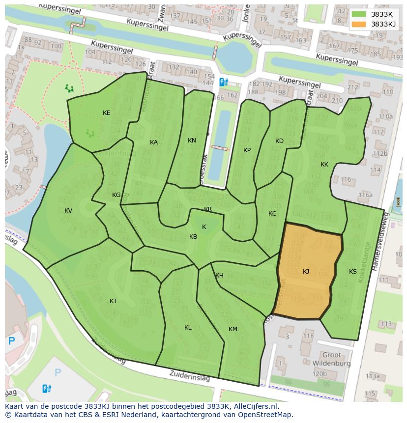 Afbeelding van het postcodegebied 3833 KJ op de kaart.