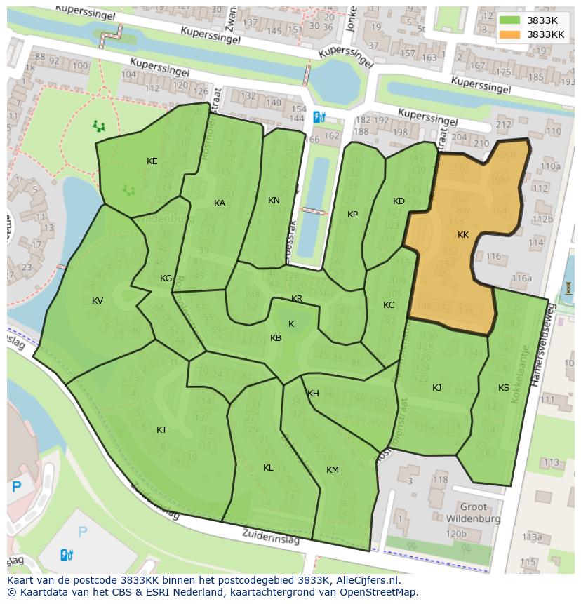Afbeelding van het postcodegebied 3833 KK op de kaart.