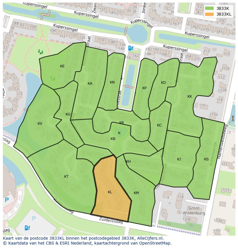 Afbeelding van het postcodegebied 3833 KL op de kaart.