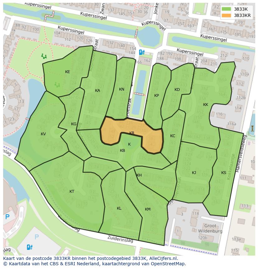 Afbeelding van het postcodegebied 3833 KR op de kaart.