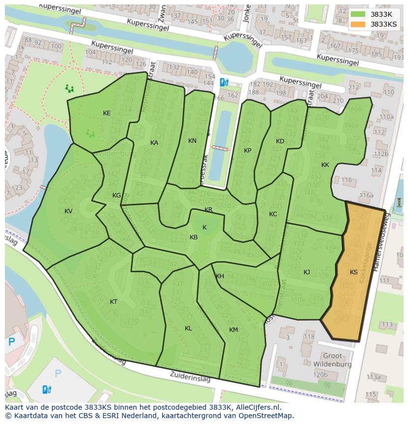 Afbeelding van het postcodegebied 3833 KS op de kaart.