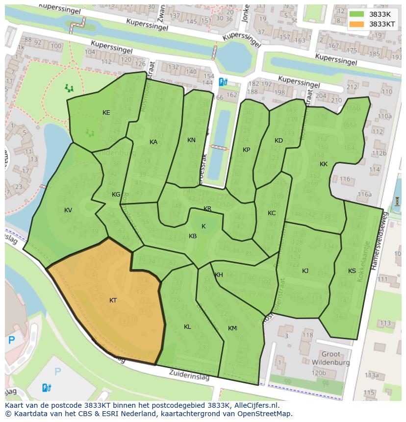 Afbeelding van het postcodegebied 3833 KT op de kaart.