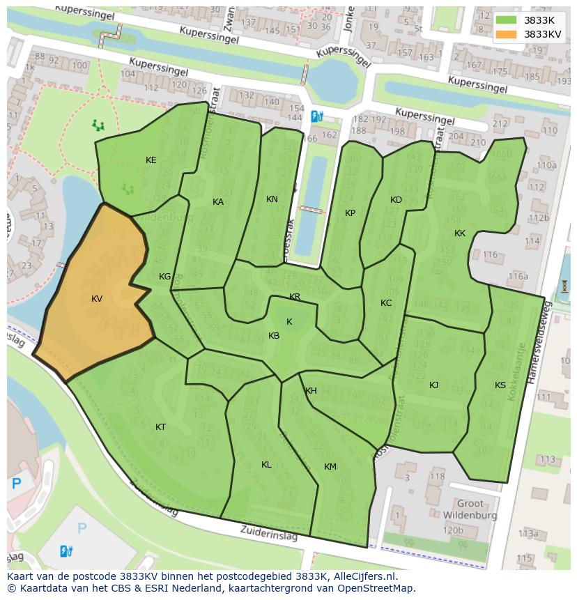Afbeelding van het postcodegebied 3833 KV op de kaart.