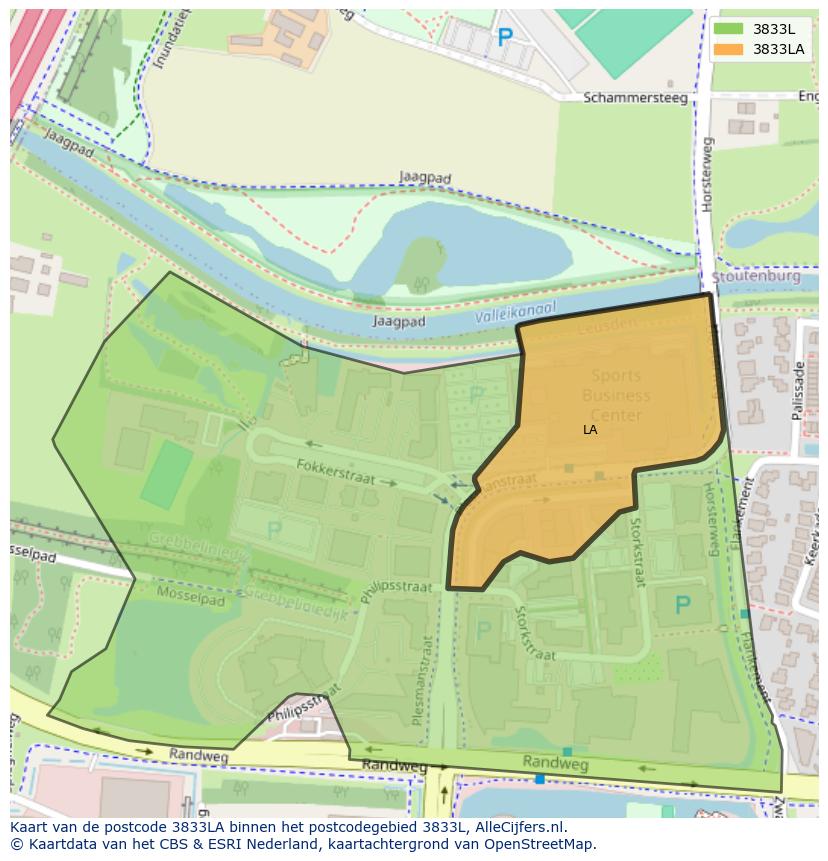 Afbeelding van het postcodegebied 3833 LA op de kaart.