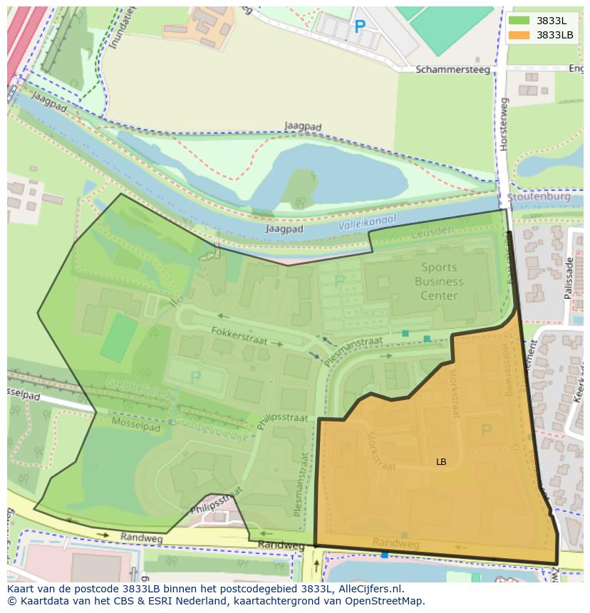 Afbeelding van het postcodegebied 3833 LB op de kaart.